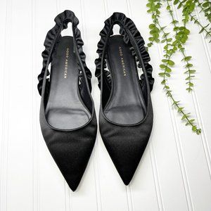 Good American Black Satin The Showoff Ruffle Slingback Flats Women's Size 8